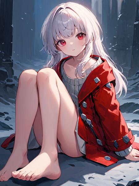 Clara barefoot,red jacket,jacket,long sleeves,bare legs,open clothes,sweater,