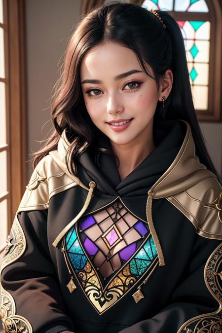 ((Masterpiece, best quality,edgQuality)),smiling,excited,blush,
edgFD, a hoodie made of golden stained glass,design,woman wearing edgFD_hoodie, fantasy_dress
 <lora:edgFantasyHoodies:1>