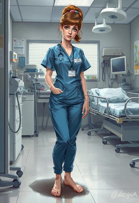 A highly detailed digital illustration in a realistic style, featuring a nurse wearing a blue nurse outfit and being barefeet  She has a name tag. She is german, about 45 years old, with a high ponytail and auburn hair. She has a thin face but a somewhat plump body with a bit of a stomach. She is tired after a long day of work. The location is a doctor's office, equipped with a medical bed and various medical equipments.