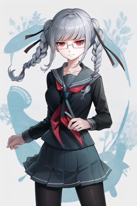 <lora:PekoDG:1>, 1girl, black pantyhose, black shirt, blue skirt, breasts, closed mouth, collarbone, cowboy shot, floating hair, frown, glasses, hair ribbon, large breasts, long sleeves, looking at viewer, miniskirt, neckerchief, pantyhose, pleated skirt, red neckerchief, ribbon, sailor collar, school uniform, serafuku, shiny, shiny hair, shirt, skirt, solo, standing, white ribbon