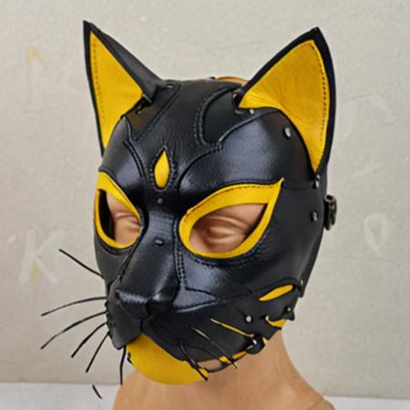 <lora:BDSM_animal_masks:0.8> cat leather mask, on a stand, black and yellow