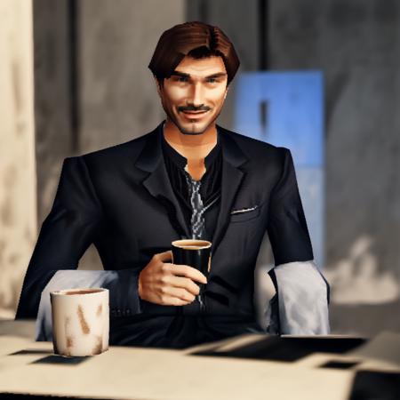 A man, blue eyes, smiling, black suit, holding a cup of coffee, in the office, ps1 style <lora:RetroJoyPS1:0.9>