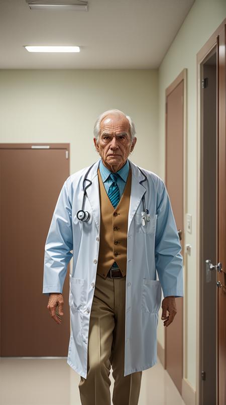 best quality,masterpiece,highly detailed,ultra-detailed, 
an old man,
suit, collared shirt, 
Hospital - serious and somber, with sterile environments and bustling medical professionals., unreal engin 5,octane render,(2D:1.2)