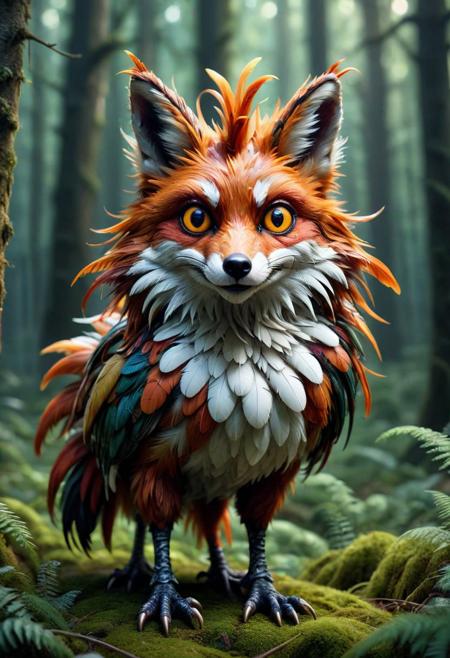 Full head shot of fantasy ais-featherz 2-legged nocturnal animal named "rooster-fox", a mix of (fox:.7) and (rooster:.3) staring at viewer, surprised, Nick Knight,Patricia Piccinini, Robert Rauschenberg,AES+F,hyper detailed,intricate, poster,artstation, Dark temperate forest, out of focus background, depth of field, bokeh
