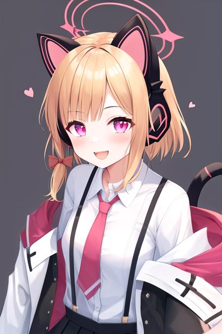 masterpiece, best quality, highres, solo, {momoi_bluearchive:1.10}, animal_ears, blonde_hair, fake_animal_ears, headphones, animal_ear_headphones, cat_ear_headphones, bow, halo, hair_bow, bangs, short_hair, open_mouth, pink_eyes, blush, necktie, tail, blue_necktie, cat_ears, cat_tail, red_bow, red_eyes, 1girl, collared_shirt, long_sleeves, pleated_skirt, shirt, skirt, smile, white_shirt, black_skirt, jacket, multicolored_jacket, off_shoulder, sidelocks, suspenders, looking_at_viewer, white_jacket, heart, multicolored_clothes, simple_background