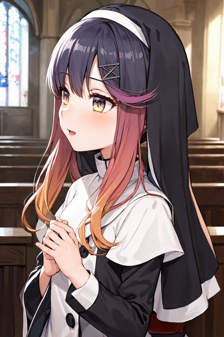 <lora:TsushimaKancolle:1>, 1girl. solo,
tsushima \(kancolle\), purple hair, orange hair, gradient hair, multicolored hair, sidelocks, purple eyes,  yellow eyes, small chest,
nun cassock clothing, priest, church,