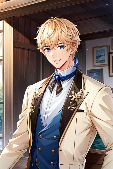 ((high_quality, distinct_image)), masterpiece, extremely_detailed_CG, illustration, 1boy, looking at viewer, handsome, beautiful_detailed_hair,  male, zhouqiluo, upper_body,  indoor, smile, toned