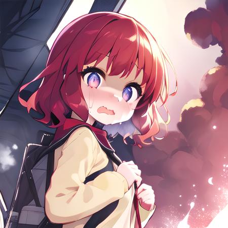 <lora:hawawa:1>, hawawa, 1girl, sweatdrops, wavy mouth, outdoors, looking at viwer, forhead, red hair, big red moon, back lighting, night, low angle, upper body, explosion background, spark, wavy mouth, open mouth, hands up, long sleeves, ape, ultra_detailed:1.2