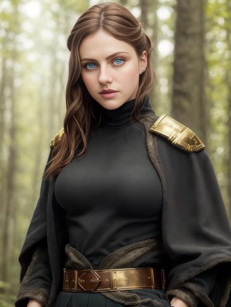 (8k, best quality, masterpiece:1.2),(best quality:1.0), (ultra highres:1.0),action pose, a beautiful woman <lora:AlexandraV1:1.0> , beautiful blue eyes, detailed iris, chestnut hair, full body portrait, medium breasts, wearing black jedi robes with gold leather belt, star wars, forest endor background, modelshoot style, intricate, elegant, skin details, realism, (hyperrealism), (cinematic), (hyperdetailed:1.2), hdr