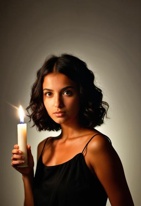 The super-model-beautiful tanned-olive-skin ((Greek woman)) ((Black hair))  age 22, hyper realistic, clear focus, photo-real, hyper-realistic:1.5, 8k, amazing details, striking eyes, perfect face, sharp focus, photo-real, (curling short hair:1.5), SFW, serene, calm, (beautiful face), wearing a modest white cotten dress, (dark room in background), dark nighttime, holding a candle is only light source, ((spotlight, dark theme, silhouette)), ((dramatic shadows and subtle highlights)), warm tones, soft focus, atmospheric lens,