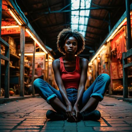 RAW full body analogue photo of a beautiful 20 years old woman, clear focus, 8K,__Random_Woman__,well-shot, grainy, amateurish photo of an skinny, busty woman sitting on an old basement floor and looking up. She an elegant, slim face,  She is wearing a worm, dirty, red shirt and worn, ripped jeans. She is unwashed, very dirty and grimy. She looks unhappily at the camera pleading.  The spooky basement is dimly lit and very dirty. eerie, interesting, natural, film grain. ,low light, soft natural light, Rembrandt style light, Hasselblad DLSR camera, 200mm Zeiss lens, f/2.8 ,Sexy pose, erotic pose, exhibitionism ,cyberpunk street market with neon lights and futuristic stalls