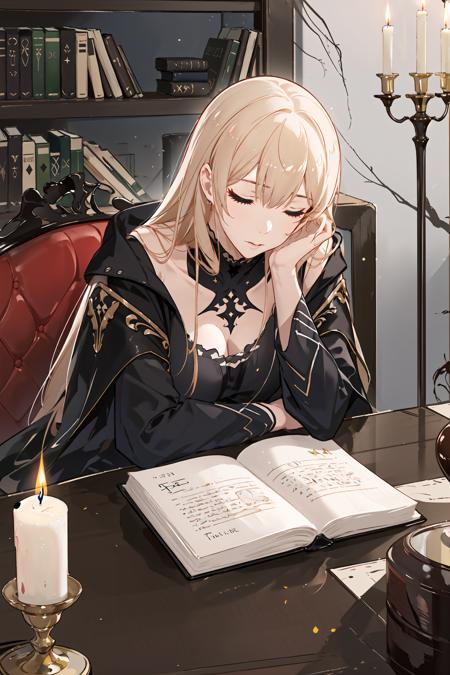 extremely detailed CG unity 8k wallpaper, masterpiece, best quality, ultra-detailed, an extremely delicate and beautiful, night, dark, dim candlelight, candle, messy study room, many books, grimoire, book stock, magic girl, sleepy, head rest, black robe, vase, finely detail,, masterpiece, best quality,