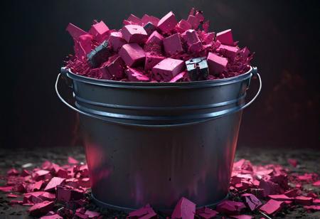 a hyperrealistic image of a diminutive fragmented body parts in a bucket, in the style of Ciruelo with a sinister mood and apocalyptic background, dark fantasy concept art masterpiece by Greg Rutkowski, intricately detailed, Unreal Engine, volumetric lighting, triadic pink complementary colours
