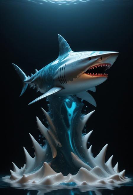 Liquid Marble, highly detailed, robot shark, bubbles, fire, underwater