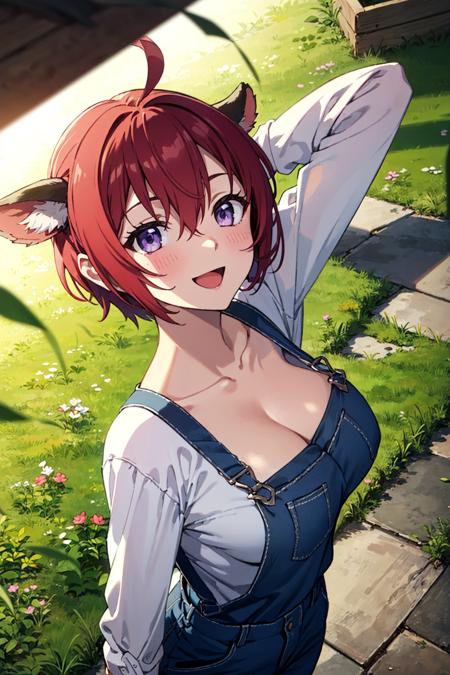 from above, outdoors, grass,
BREAK cow girl, cow girl \(goblin slayer!\), purple eyes, tareme, red hair, short hair, hair between eyes, ahoge, large breasts,
overalls, frills, suspenders, long sleeves, collarbone, cleavage,
from above, standing, (looking at viewer:1.3), arm behind head, looking up, upper body,
blush, smile, :d,
BREAK (masterpiece:1.2), (beautiful detailed eyes:1.2), perfect lighting, (perfect hands, perfect anatomy),