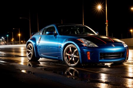 350Z  masterpiece,best quality,official art,extremely detailed CG unity 8k wallpaper,illustration, moving, wet, (((NIGHT))),neon lights,drift,    <lora:350Z-000003:.8>