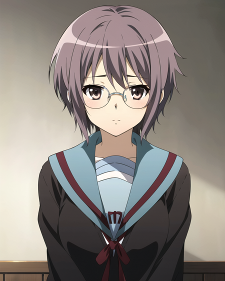 <lora:kyoani_haruhi_style_offset:1> kyoani haruhi style, 1girl, solo, yuki nagato, kita high school uniform, short hair, school uniform, blue sailor collar, glasses, sailor collar, serafuku, purple hair, cardigan, bangs, brown eyes, anime coloring, ((masterpiece))