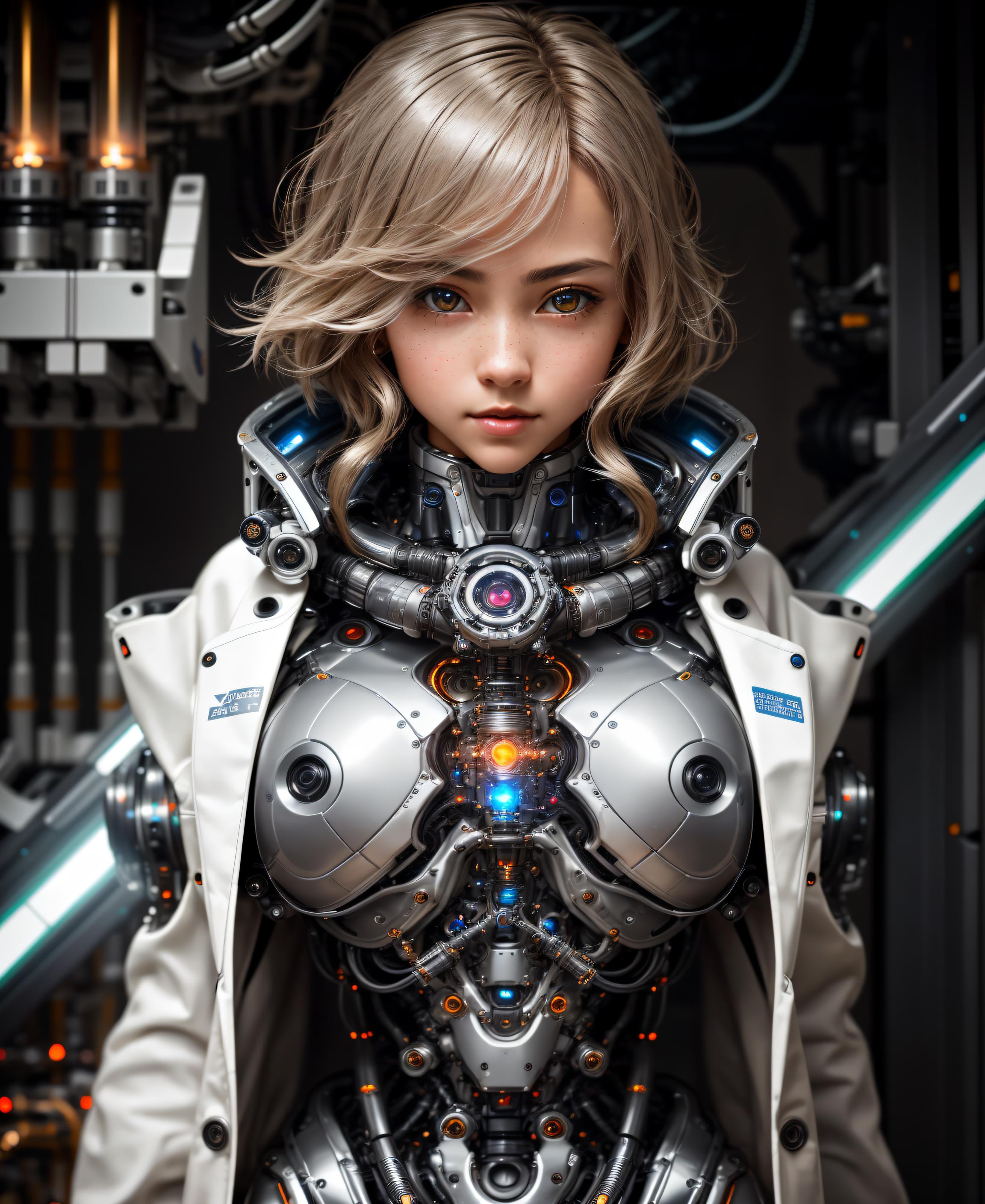 A robotic woman in a white jacket with blue eyes.