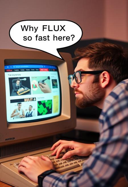 an old amstrad pc, screen display website with IA pictures,  80's computer nerd man in glasses have hand on keyboard and looking a viewer and  is asking "Why FLUX is so fast here ?" in speech bubble