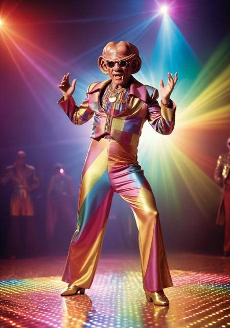 professional photography, raw photo, full body, quark man as disco dancer, Flared trousers, (80s, retro:1.1), dance floor, lasers, rainbow theme, sunglasses, highly intricate, extremely detailed,  big depth of field, cinematic lighting, stunning, breathttaking. <lora:Quark-Man-SDXL-000004:1>