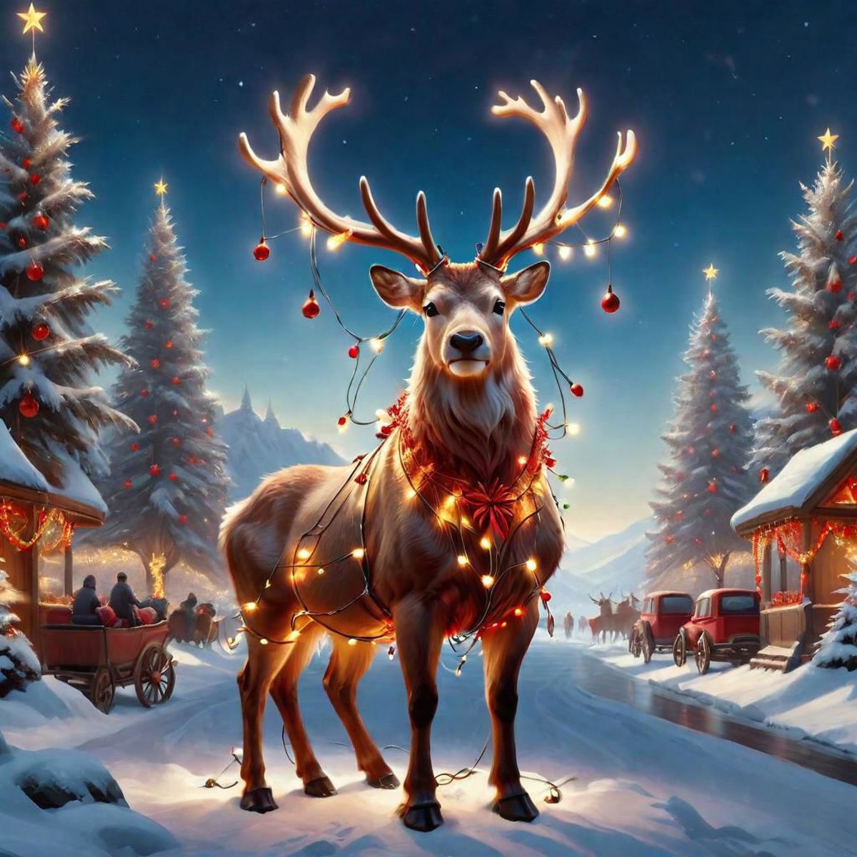 A Christmas scene with a reindeer in the center, surrounded by lit lights and people.