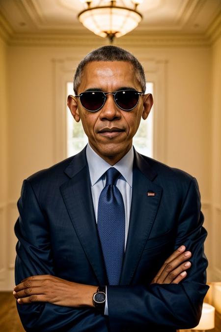 RAW photo, Barack Obama, 8k uhd, dslr, high quality, cinematic lighting, photorealistic, realistic, business suit, cross-laced clothes, collared shirt, unbuttoned shirt, heart shaped sunglasses, rose tattoo on the neck, dimly lit <lora:epi_noiseoffset2:0.9>, low key, serious expression, intricate details,