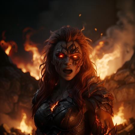 highly detailed cinematic photo of a fire giant, ((1girl)), chainmail, magic, 
flaming eye,  glowing eyes, molten rock, muscular,  orange hair, red hair, open mouth, holding weapon, breasts, scar, lips, (cute face:1),

((full body)),

realistic, depth of field, blurry background,

mountain on fire,

photorealistic,
analogue photography,
low key lighting,
