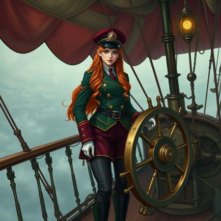 a young female airship pilot skypirate standing on a deck on top of  a zeppelin airship, formal military uniform, long copper hair, large steering wheel, control levers, steampunk, gears,, regalres, green + burgundy + gold color scheme