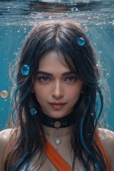 mdjrny-v4 style ((east asian girl)), underwater, smirk, seductive eyes, facepaint, (((orange and blue hue))), multi color splash, bubbles, veil, choker, alternative hair, smug, water splash, underwater sunbeams, highlights,  modelshoot style, (extremely detailed CG unity 8k wallpaper), full shot body photo of the most beautiful artwork in the world, beautiful east asian women, professional majestic oil painting by Ed Blinkey, Atey Ghailan, Studio Ghibli, by Jeremy Mann, Greg Manchess, Antonio Moro, trending on ArtStation, trending on CGSociety, Intricate, High Detail, Sharp focus, dramatic, photorealistic painting art by midjourney and greg rutkowski