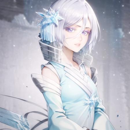 1girl, solo, short hair, hair ornament, hair between eyes, <lora:rukia-000004:0.8>, parted lips, looking at viewer, detached sleeves, ice particles, detailed, intricate details