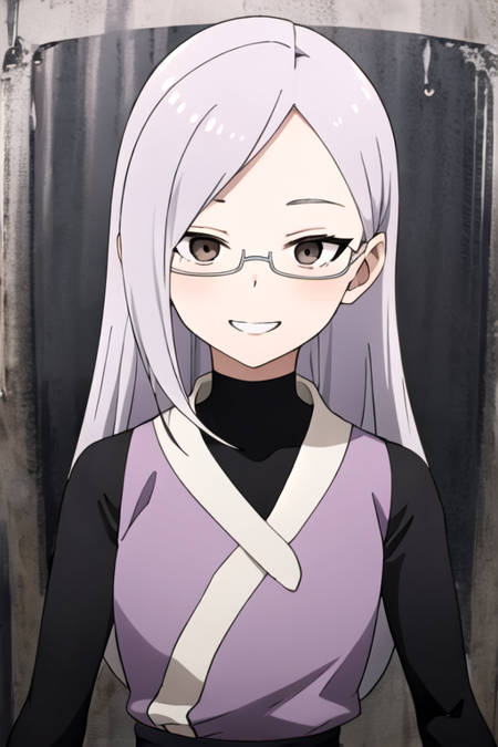 masterpiece, best quality, <lora:kunoichisumire:0.8>, 1girl, solo,  brown eyes, hair down, grey hair, glasses,  long hair, light smile, upper body, long sleeves,