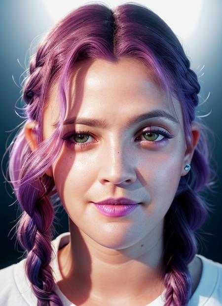 portrait of skswoman, hungry , wearing shorts , with purple Fishtail braid epic (photo, studio lighting, hard light, sony a7, 50 mm, matte skin, pores, colors, hyperdetailed, hyperrealistic), <lyco:Drew Barrymore:1.2>