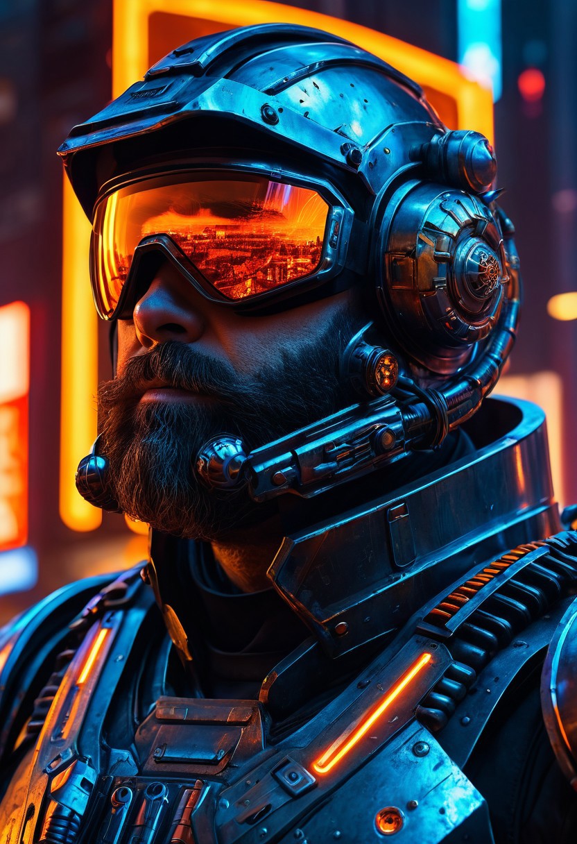 Cyberpunk splash art. Close up portrait. Brian Blessed in a worn steel exosuit with a poppy-patterned design, a razor-sharp backbone on his armor, amidst a dystopian cityscape. Macro shot. Vibrant digital art with glowing neon lights. Deep blues and oranges complementing the steel. Steam venting, neon circuitry glowing. Deep rich colors. detailed, intricate, cinematic. 8k resolution, trending on Artstation, Unreal Engine 5, best quality, fantasy concept art, sci-fi illustration, deep metallic reflections, intense lighting.