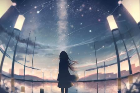 1girl, silhouette,paper lantern,, sky, night, solo, reflection, water, outdoors, scenery, star (sky), night sky, long hair, starry sky, lantern, standing, tree, lake, dark, grass,  <lora:JW_v2-000006:1>