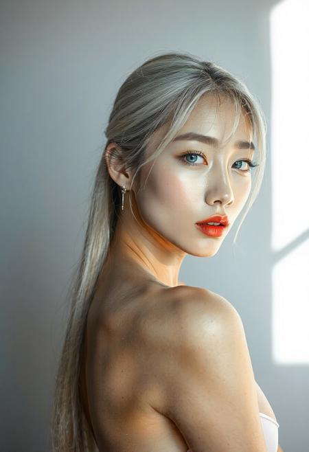 DSLR-style portrait of a slender, elegant 26-year-old Korean model, translucent pale skin with natural texture, soft shadow on cheek, diffused daylight from side, parted lips, clean background, solo, masterpiece, ultra high-res  
<lora:NOOB_vp1_detailer_by_volnovik_v1:1>
barely visible pores, subtle skin texture variation, translucent skin tone
IllusP0s, cowboy shot, ((action pose:1.4)) BREAK 1girl, (long legs:1), ((skinny body:1)), (solo), (huge breasts), (earrings), blue eyes, white hair, long hair, (parted bangs, half updo, straight hair), ((sexy dress:1.6)) BREAK milf, charming, alluring, seductive, enchanting, detailed background, inside.