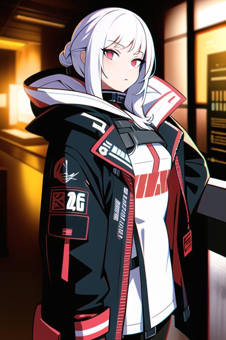 1girl, white hair, long hair, techwear  <lora:strlxsslora:1>, masterpiece, bestquality, realistic, realism, jacket