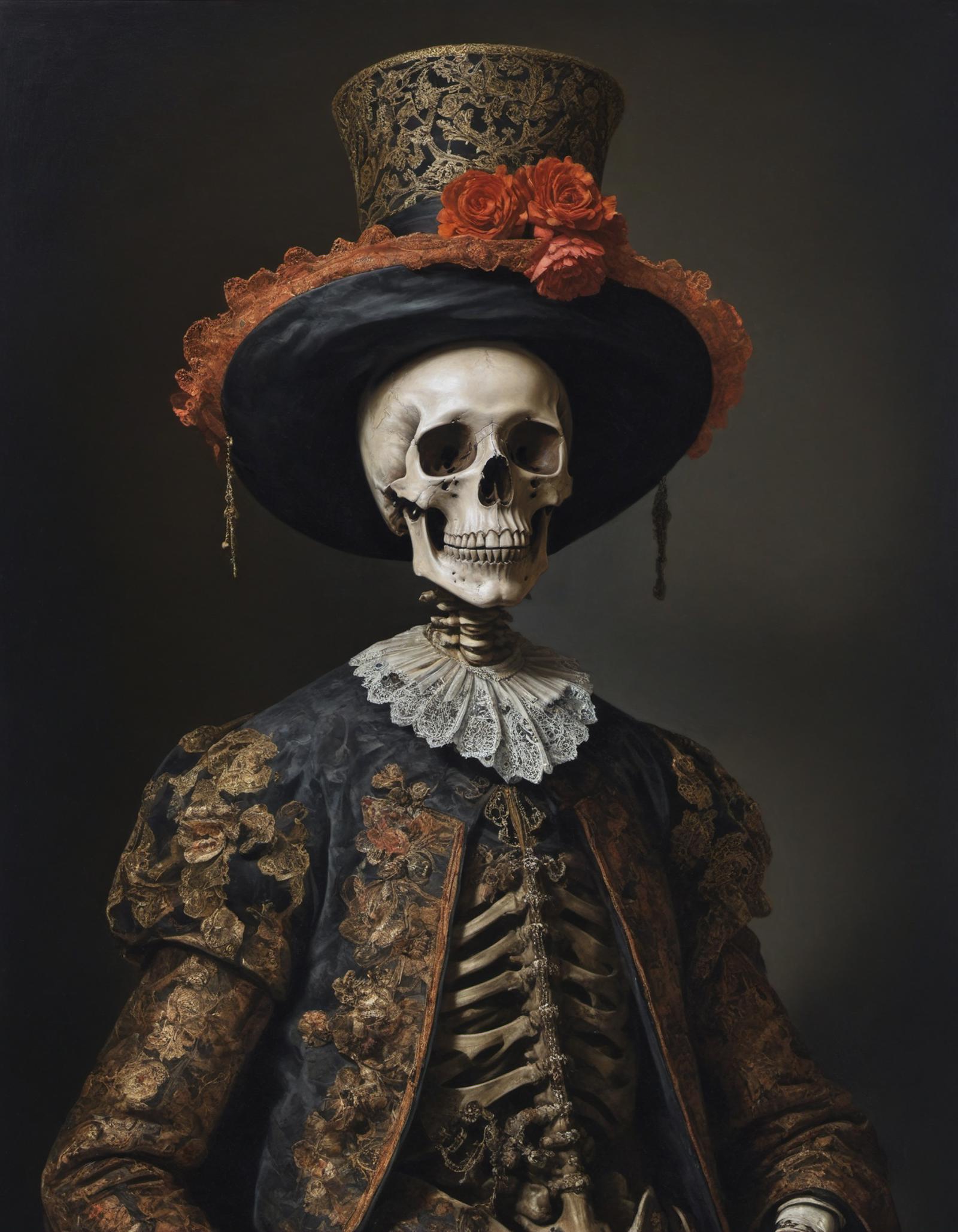 A skeleton wearing a top hat and a lace dress.