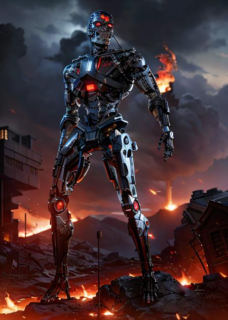 ((A full body  terminator cyborg in future city)). (RAW photo, real life, absurdres, high quality, detailed, realistic:1.3), (solo:1.3), a high resolution photo of a t-800 with intricate details, with red eyes glow and metal shiny skull face and chrome metal body, eyes are red camera lenses. ((metal reflex fire, big flames, fog, smoke and dark background)), cinematic, atmospheric, 4k, realistic lighting, shot by Hassleblad camera, Zeiss lens, 50mm 1.2 lens, Octane Render, ultra realistic, realistic lighting, photorealistic, photorealism, unreal engine, highly detailed, intricate detail, gears of war 5, <lyco:terminator:0.8> (((full body))), cracked, broken with lava inside, battle damage, flying aeroships, builds the head or helmet as faithfully as possible to the model, fighter planes in sky, ((body in fire with flames));