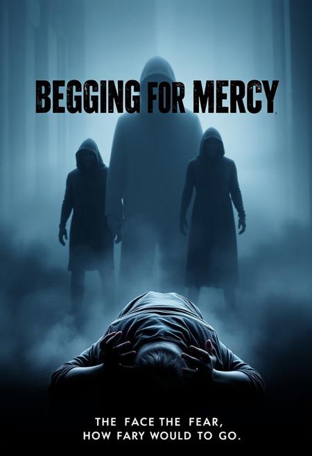 “Movie poster for a suspense thriller titled ‘Begging for Mercy.’ In the foreground, a distressed person is kneeling on the ground with hands reaching out, conveying desperation and fear. The background features shadowy, menacing figures partially obscured in mist, creating an eerie atmosphere. Dark, muted colors dominate the scene—deep blues, grays, with slight red accents to add intensity. The title ‘Begging for Mercy’ appears at the top in bold, gritty font, with a tagline underneath that reads, ‘In the face of fear, how far would you go?’ The overall mood is tense and haunting, emphasizing themes of danger and suspense.”