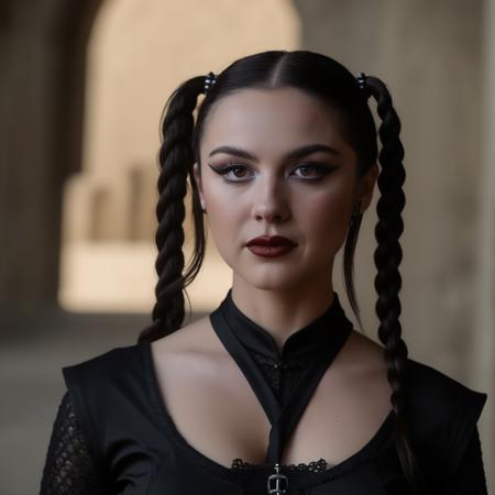 photo of (ohwx woman) as Wednesday Adamas, wearing gothic clothes, braided pigtails, in a castle, sharp focus, looking at the camera, makeup, cinematic look, <lora:OliviaRodrigo:1>