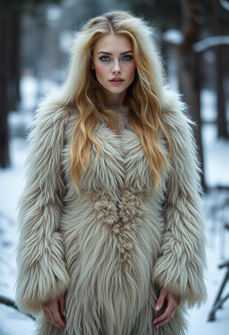 full-length view of a beautiful Scandinavian woman with long thick furry fuzzy fluffy fur growing on her body and face