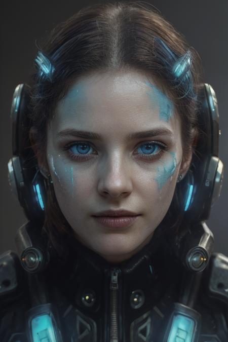 (physically based rendering, photographic extreme close up scale) Cyberpunk  rachelhurdwood woman starring in tomorrow when the war began,  <lora:rachelhurdwood:0.8>, (piercing blue eyes:1.4) cybernetics, human-machine fusion, dystopian, organic meets artificial, dark, intricate, highly detailed, wet messy hair, neon soaked market, dark, dystopia, ornate, delicate, precise, opulent, elegant, ornamental, fine, intricate, decorative, sharp focus, insane  detail, high-resolution details, ,fine texture, 4k, ultra-detailed, high quality <lora:cyberpunkAI:0.8> CyberpunkAI