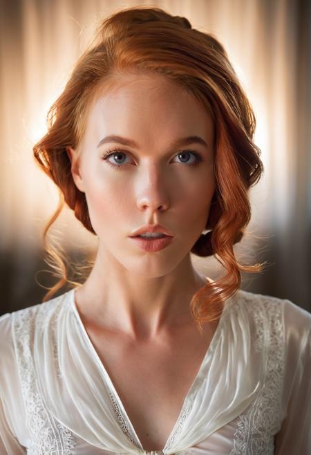 symmetrical headshot, honest, RAW, warm tones, sharp face focus, (skin pores:0.1), wavy auburn hairstyle, ((ohwx woman)), (wearing a sheer white designer blouse:0.1), hyper detailed, soft lighting, caustics, cinematic, Platon Hasselblad H6D-100c 100mm f/2.2 1/125s 100 Natural light, indirect flash
<lora:DollyLittle_SDXL_v1.2a:1>