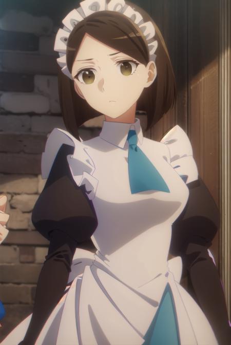 anneshelley, <lora:anne shelley s2-lora-nochekaiser:1>,
anne shelley, short hair, brown hair, (brown eyes:1.5),
BREAK long sleeves, puffy sleeves, apron, maid, maid headdress, juliet sleeves, maid apron,
BREAK indoors,
BREAK looking at viewer, (cowboy shot:1.5),
BREAK <lyco:GoodHands-beta2:1>, (masterpiece:1.2), best quality, high resolution, unity 8k wallpaper, (illustration:0.8), (beautiful detailed eyes:1.6), extremely detailed face, perfect lighting, extremely detailed CG, (perfect hands, perfect anatomy),