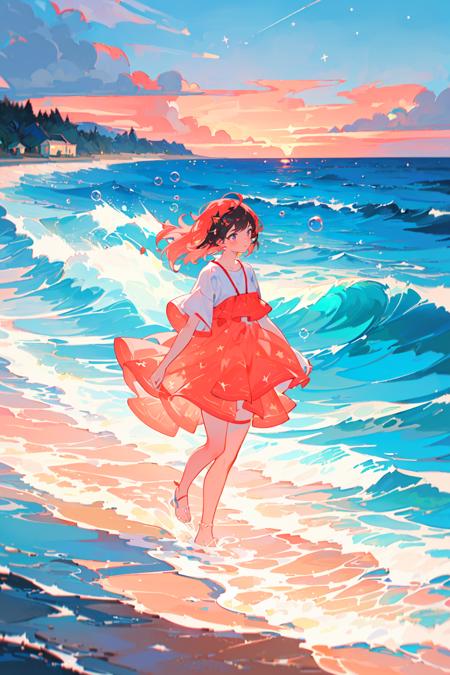 1girl,walking, waves, wind,(((glistening light of waves))),(detailed sunset glow),(floating flow),((coral)),(Luminous),coast,(floating colorful bubbles),beautiful detailed sky,(fluorescence),detailed shadow,(conch),beautiful detailed water, starfish, meteor, rainbow,(seabirds),(glinting stars), (glowworm),(splash),detailed cloud, shell,(fireworks),