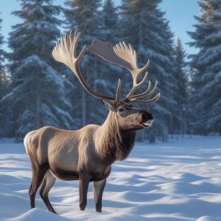 very realistic photograph close-up of a  caribou  in the snow, forest background of pine, fir and white spruce and birch, blue sky with cirrus cloud and slightly hidden sun