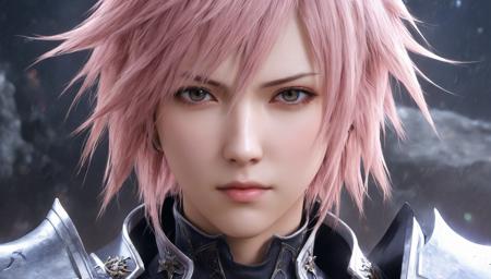 lightning returns in final fantasy, stunning anime face portrait, rose pink lighting, photorealistic anime, portrait knights of zodiac girl, beautiful female android, handsome stunning realistic, crimped hair in warhammer, iphone picture, ravishing, electrifying, teaser, she has a distant expression, seven, three