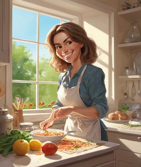 <lora:CuteCombine1:1> VCuteStyle,          A highly detailed mother in her kitchen preparing meal, window sunny day, happy, smiling,
