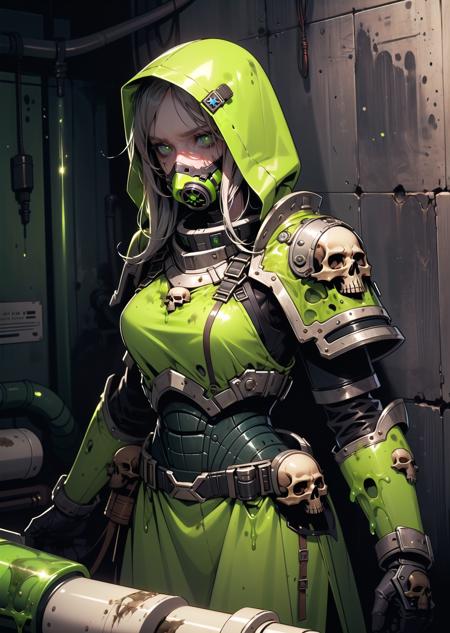 (1girl) (digital) (in detailed sewer, (power armor, armor, skull, tube, respirator, slime, canister, hood up, glowing eyes, green eyes, dirty grimy rotting)) , best quality, <lora:boldline:0.2>  <lora:hairdetailer:0.2>  plaguemarine <lora:plaguemarine:1>