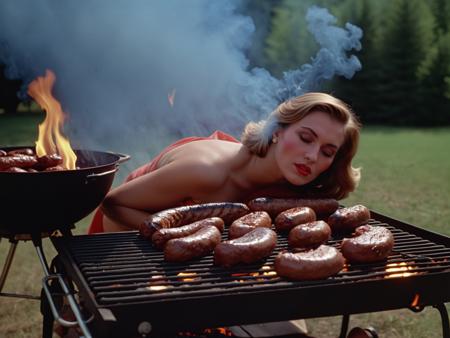 this Technicolor filmstill was shot with a 35mm Arriflex camera and an Angenieux 25-250mm f/3.2 lens. it shows a super sexy girl with medium breasts is lying on the barbecue, burning next to steaks and sausages